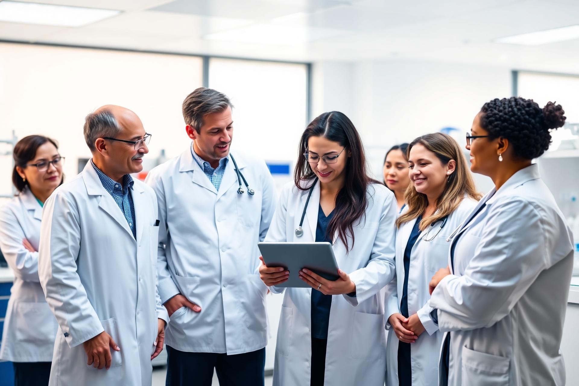 Clinical research team collaborating in a modern facility